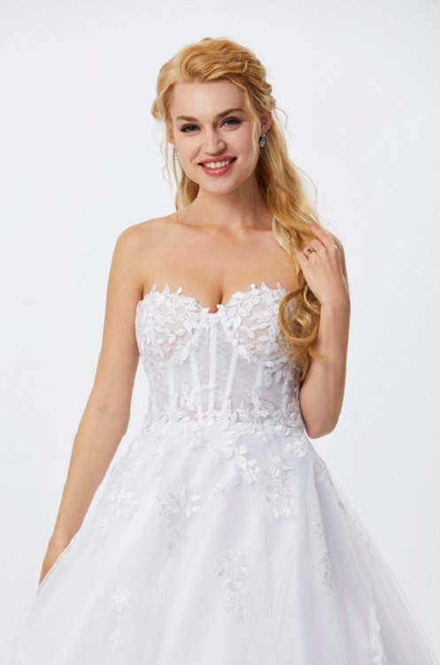 White floral lace corset style debutante dress