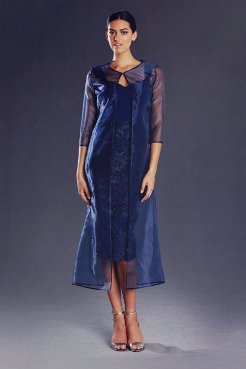 Navy blue floral lace midi dress with organza jacket