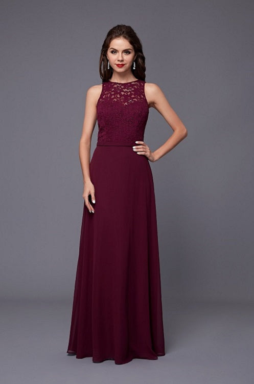 Wine coloured long bridesmaid dress with lace halter-neck bodice and chiffon skirt