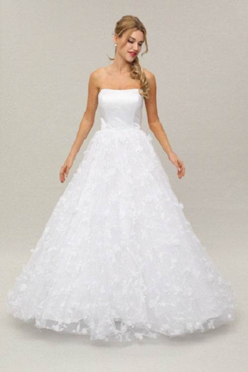 White deb dress with satin bodice and floral tulle skirt
